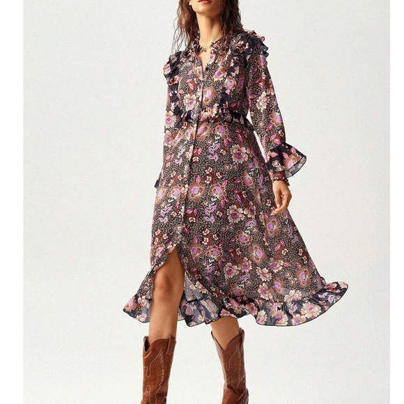 Boho Floral Print Button Ruffle Detail Long sleeve Midi Dress - Picture 6 of 6